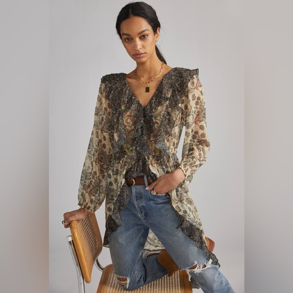 NWT ANTHROPOLOGIE Let Me Be Sheer hi-low Ruffle top